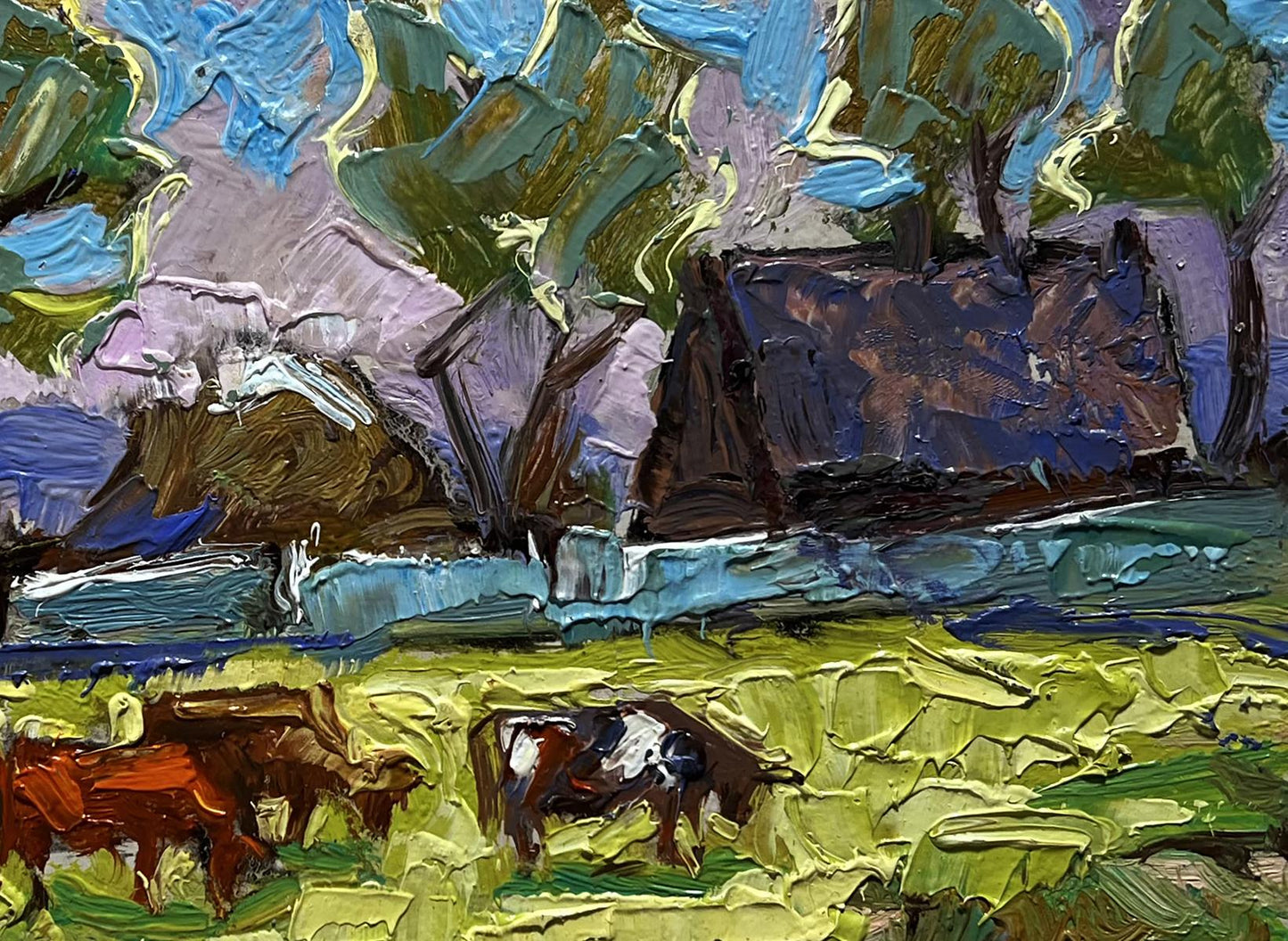 Vibrant impressionist oil painting of cows grazing in green field by Oleksiy Ivanyuk