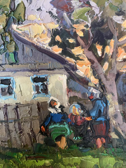 Oil painting Evening Village landscape 