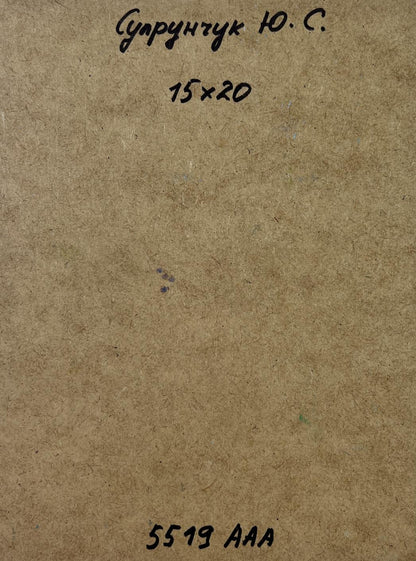 Back of Yuriy Suprunchuk oil painting City river in summer with brown textured paper Cyrillic text measurements