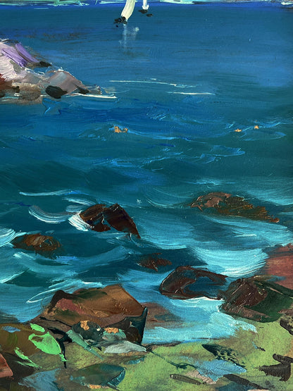 Oil painting of vibrant blue sea lighthouse by Yuriy Suprunchuk