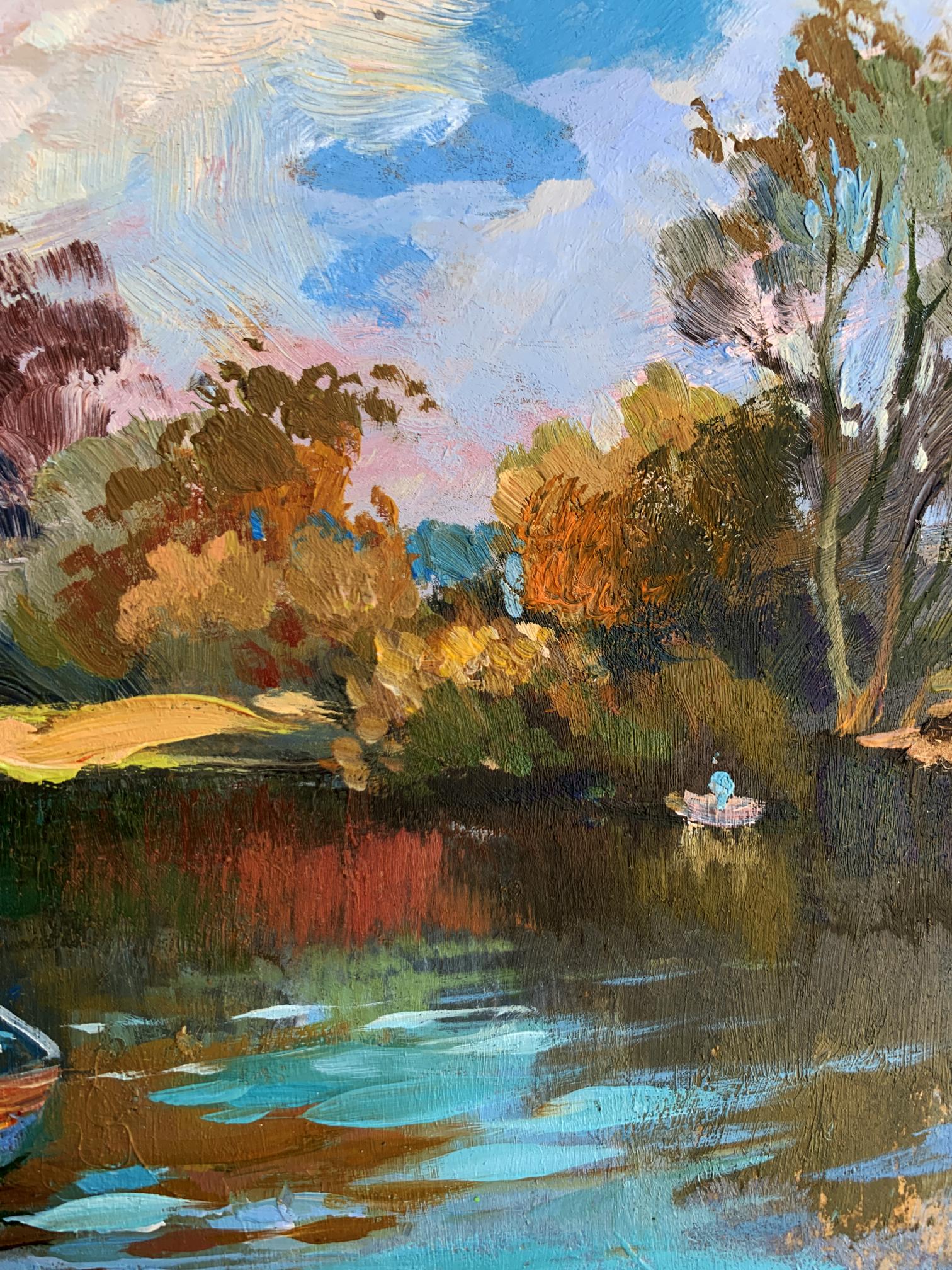 Oil painting by Yuriy Suprunchuk: rowboat with blue figure on calm water