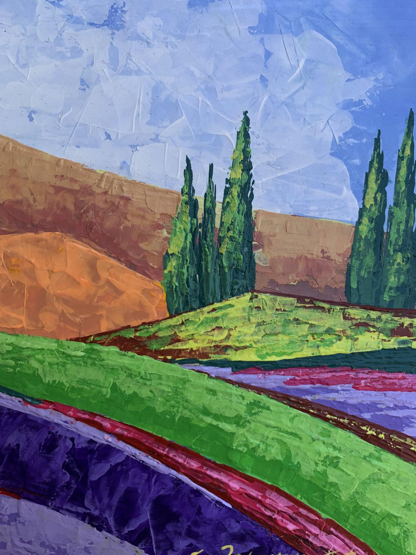 Oil painting In the Mountains by V. Zadorozhnya: vibrant cypress trees on hills