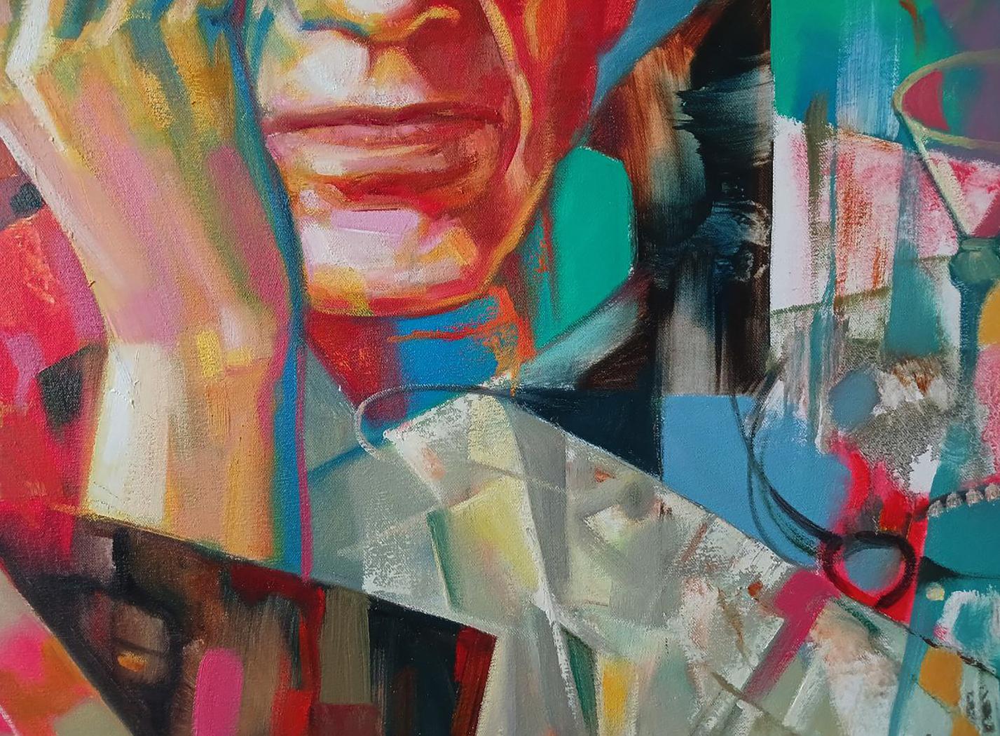 Abstract oil painting Picasso in thought by Anatoly Tarabanov, bold red blue teal strokes