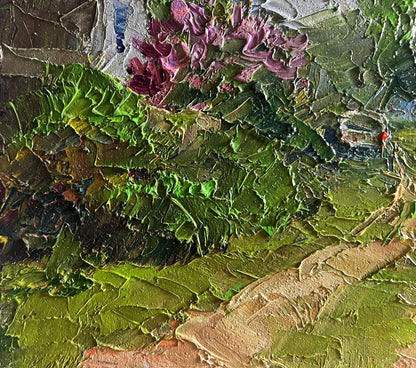 Oil painting of lilac growing in village by Boris Serdyuk