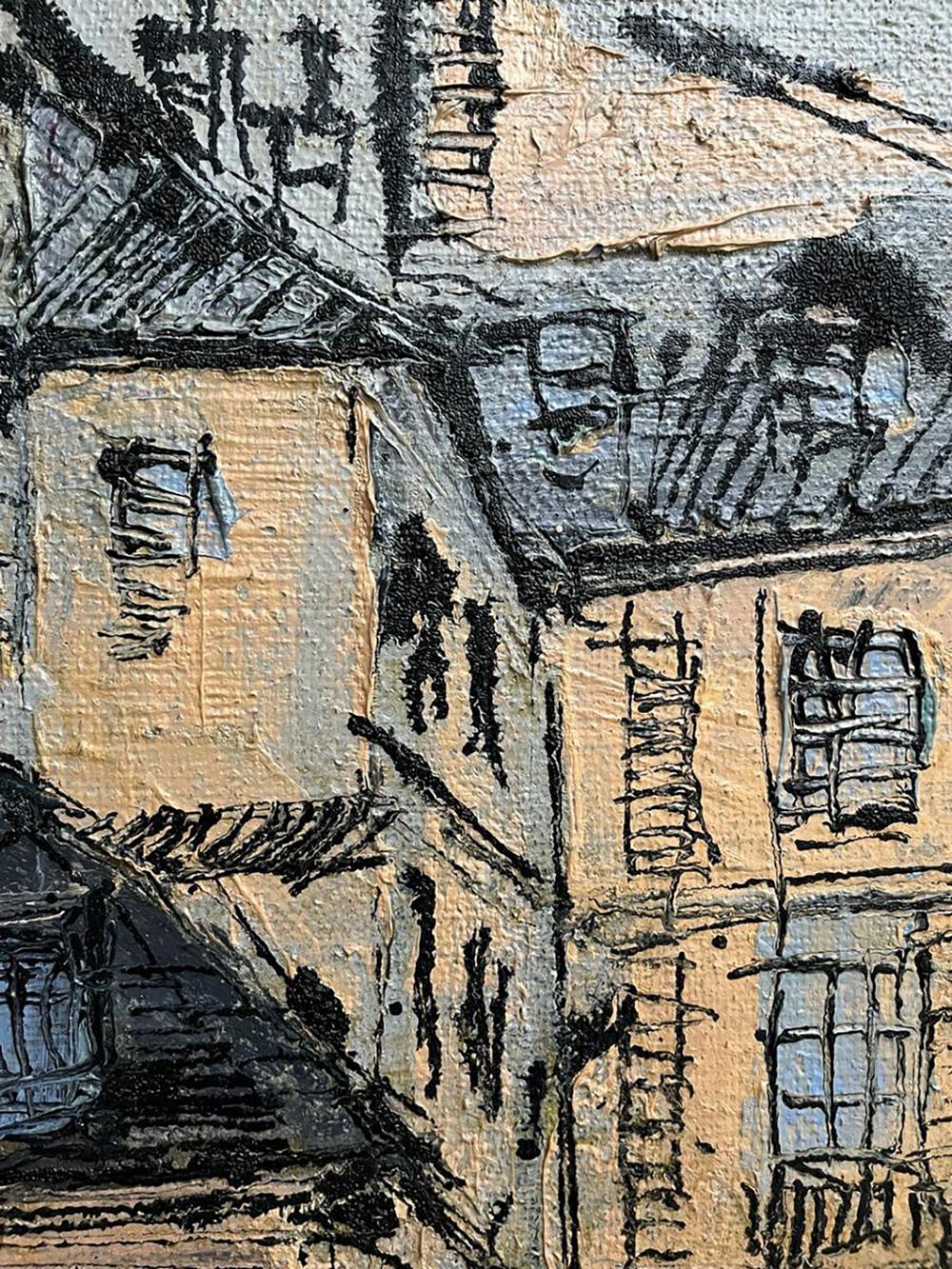 Oil painting Parisian comfort by Serhiy Kovalev, beige buildings with gray roofs