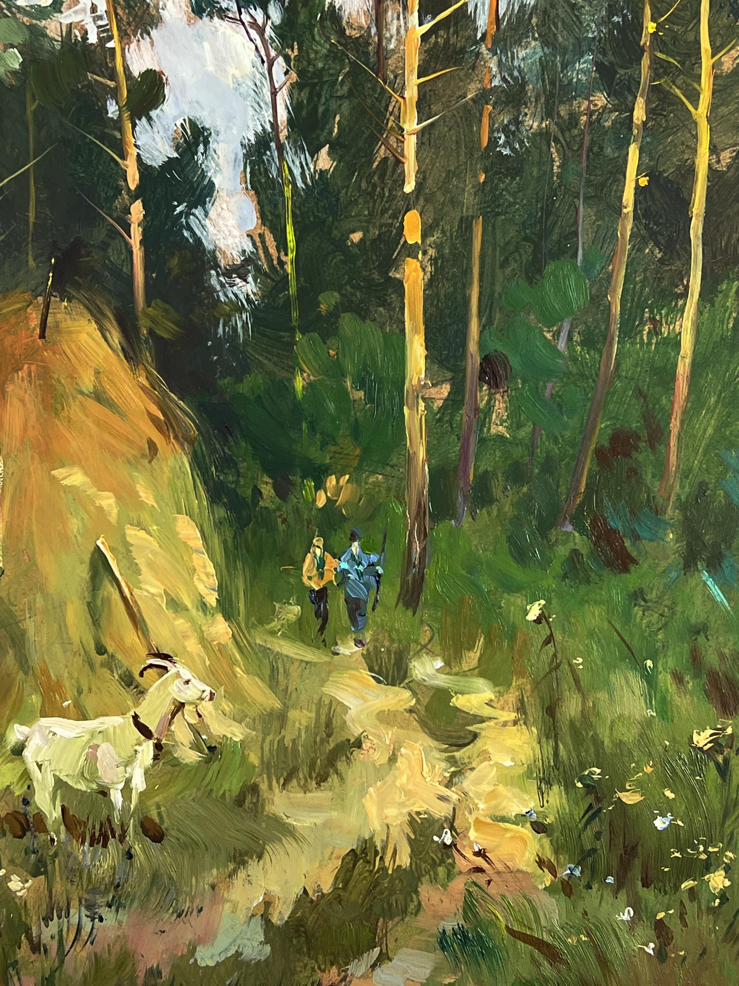 Oil painting of white goat with dark markings on sunlit path to forest by Yuriy Suprunchuk