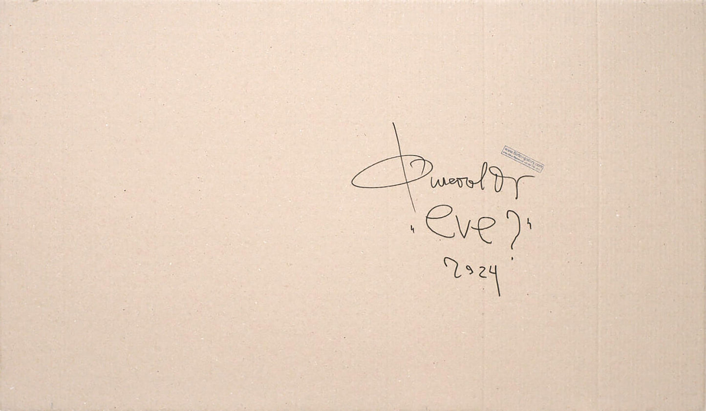 Back of Acrylic painting EVE Dima Filatov minimalist beige canvas with black ink signature