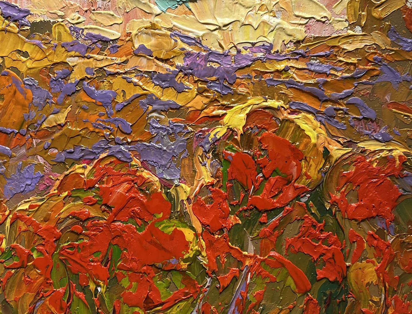 Oil painting Autumn Crimson by Oleksiy Ivanyuk with bold impasto strokes