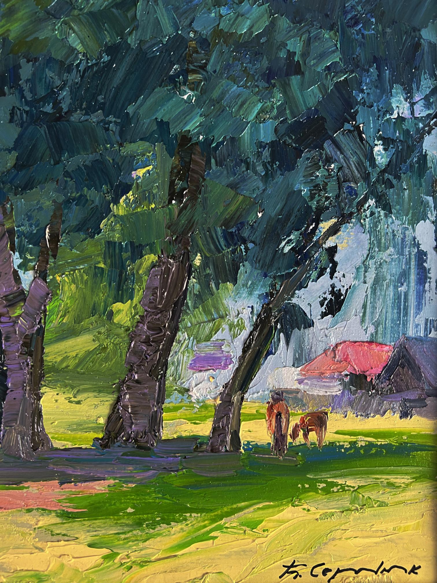 Vibrant impressionist oil painting by Boris Serdyuk: trees near village with red-roofed hut