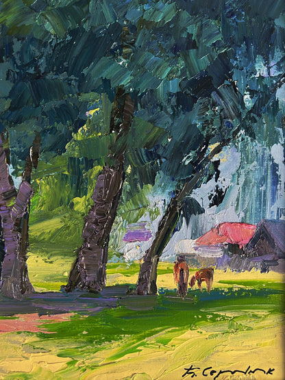 Vibrant impressionist oil painting by Boris Serdyuk: trees near village with red-roofed hut