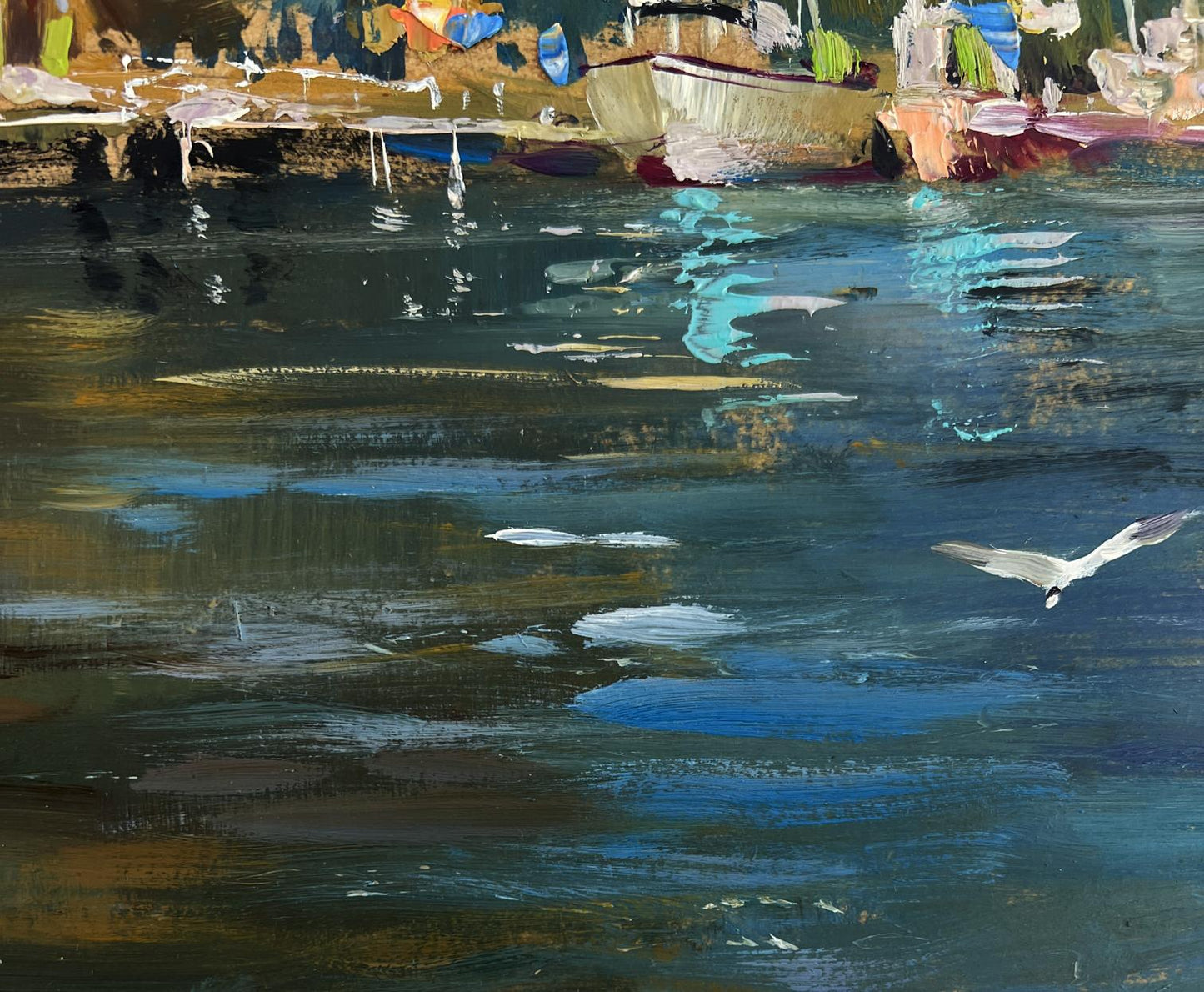 Textured impressionist oil painting of seagull over yacht club water by Yuriy Suprunchuk