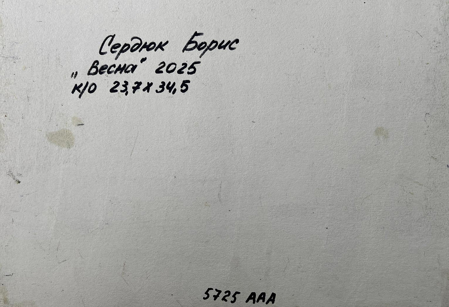 Back of Boris Serdyuk Spring lake oil painting with handwritten inscription