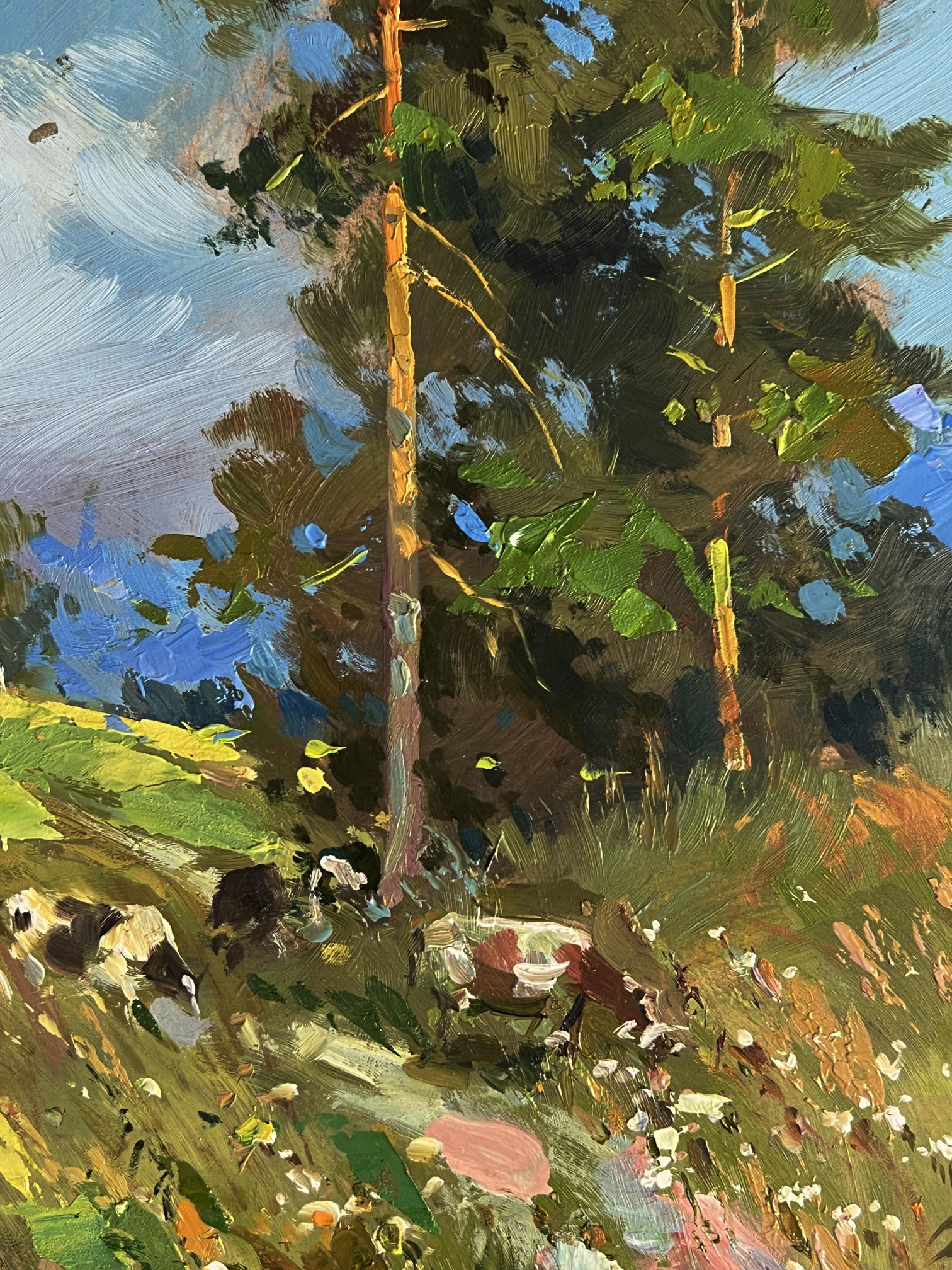 Vibrant impressionist oil painting by Yuriy Suprunchuk of pine trees