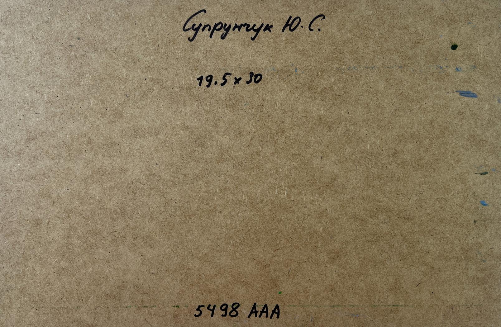 Back of Yuriy Suprunchuk oil painting Castle over steppe with Cyrillic notes
