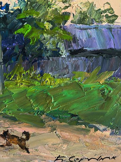 Vibrant impressionist oil painting Country life with a dog by Boris Serdyuk
