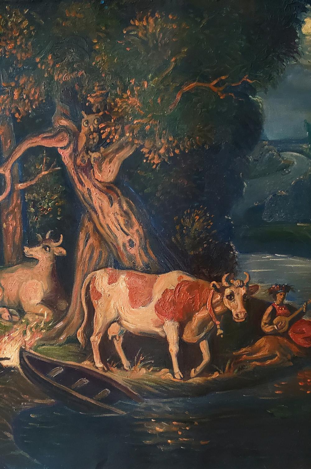 Oil painting Fairytale night in forest by Daniil Litvinov with horned cow