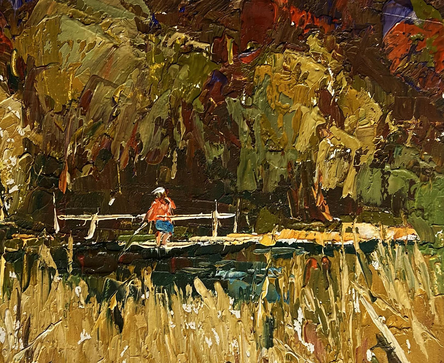Oil painting Field and a river nearby by Oleksiy Ivanyuk, lone figure on bridge