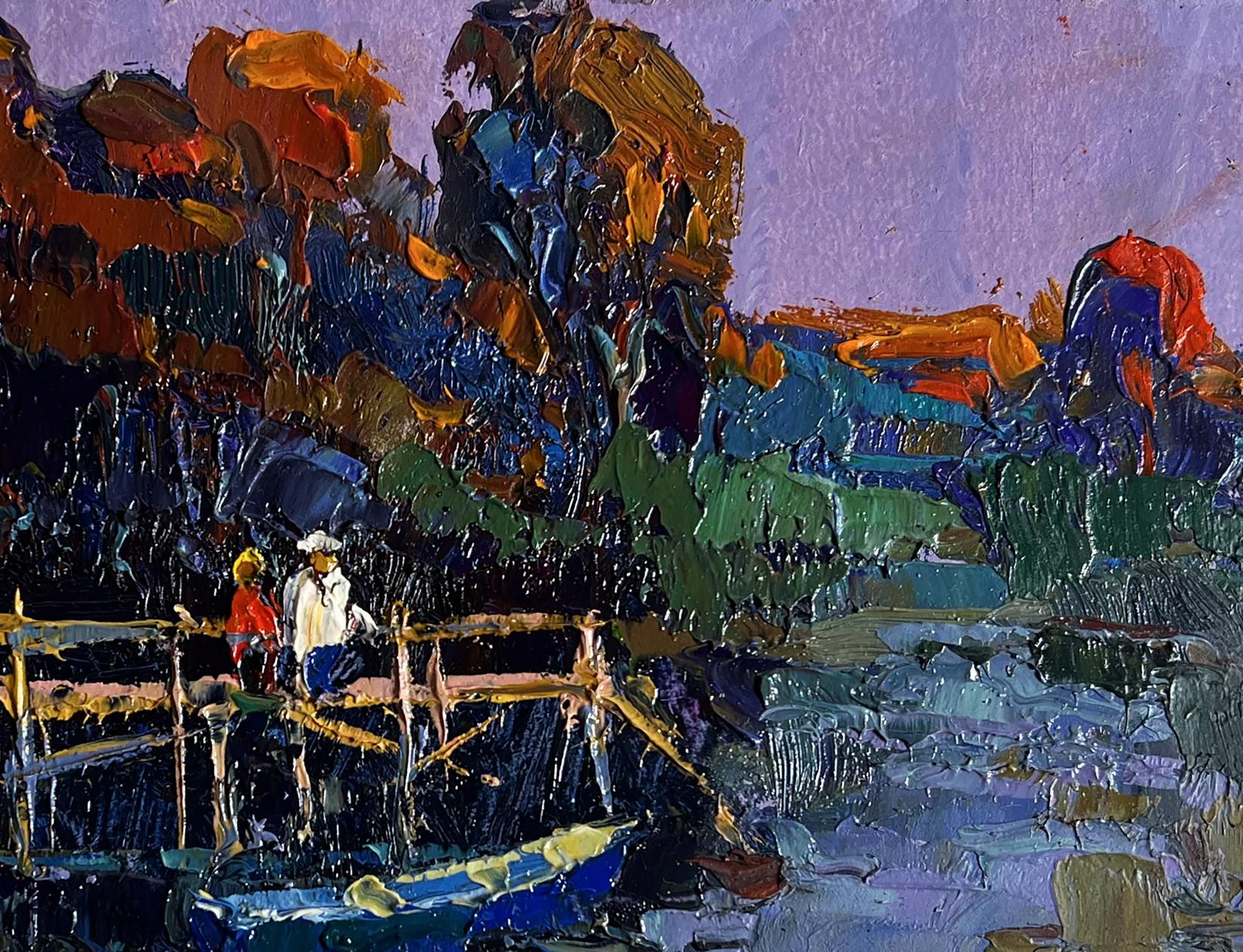 Vibrant oil painting by Oksana Ivanyuk: people on pier with rustic bridge