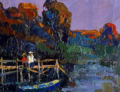 Vibrant oil painting by Oksana Ivanyuk: people on pier with rustic bridge