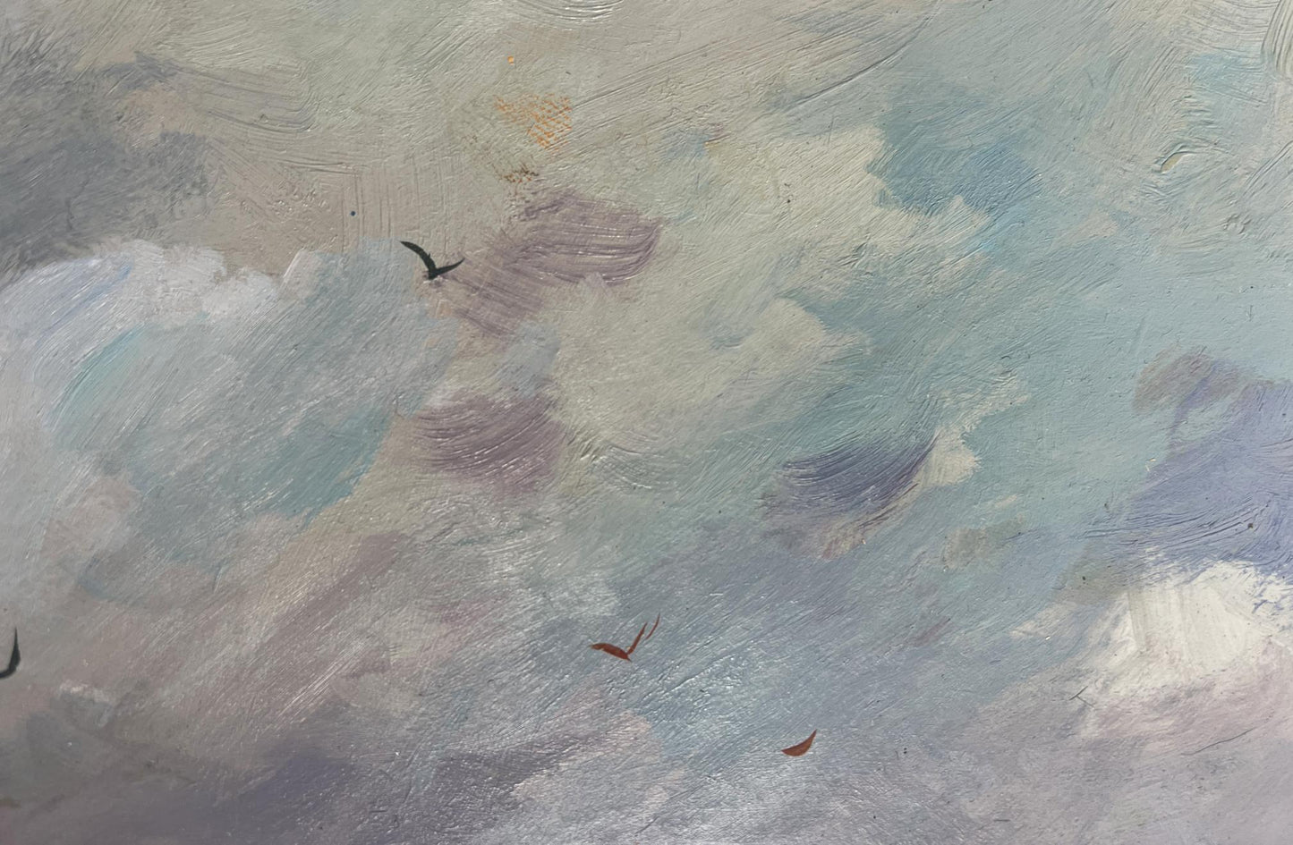 Impressionistic oil painting of pale blue sky with gray white clouds by Yuriy Suprunchuk