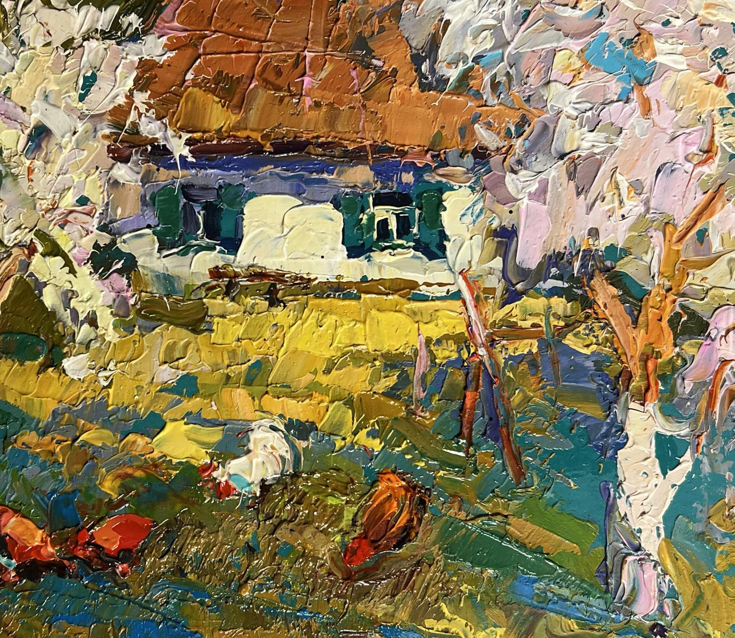 Oil painting of flowering trees in garden by Oksana Ivanyuk, vibrant impasto house