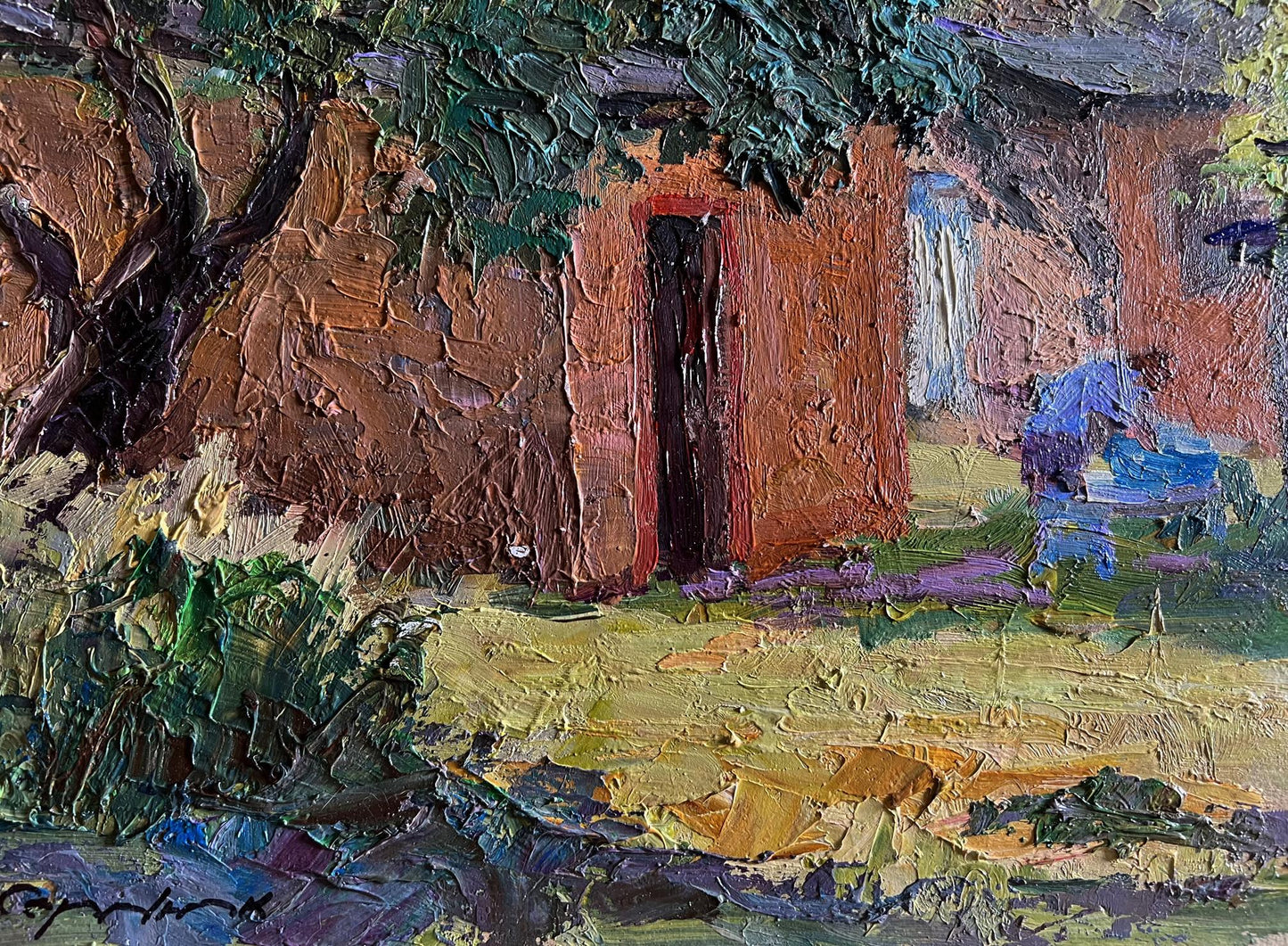 Oil painting Summer holidays in the village by Boris Serdyuk: rustic red clay house