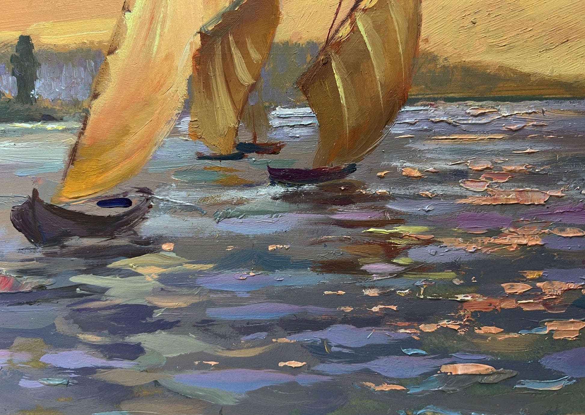 Oil painting of romantic evening swim with golden sailboats by Yuriy Suprunchuk