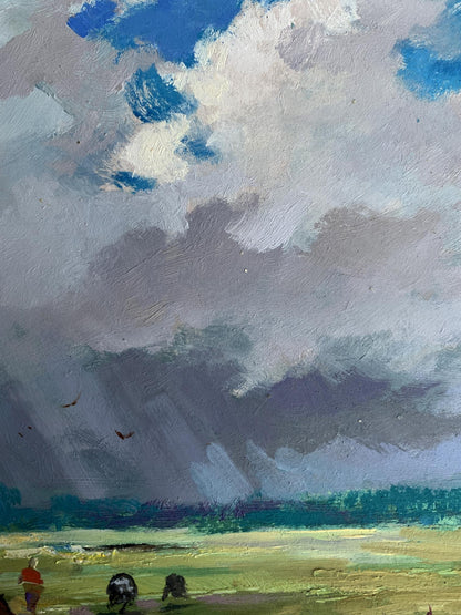 Textured oil painting by Yuriy Suprunchuk of dramatic cloudy sky over green field