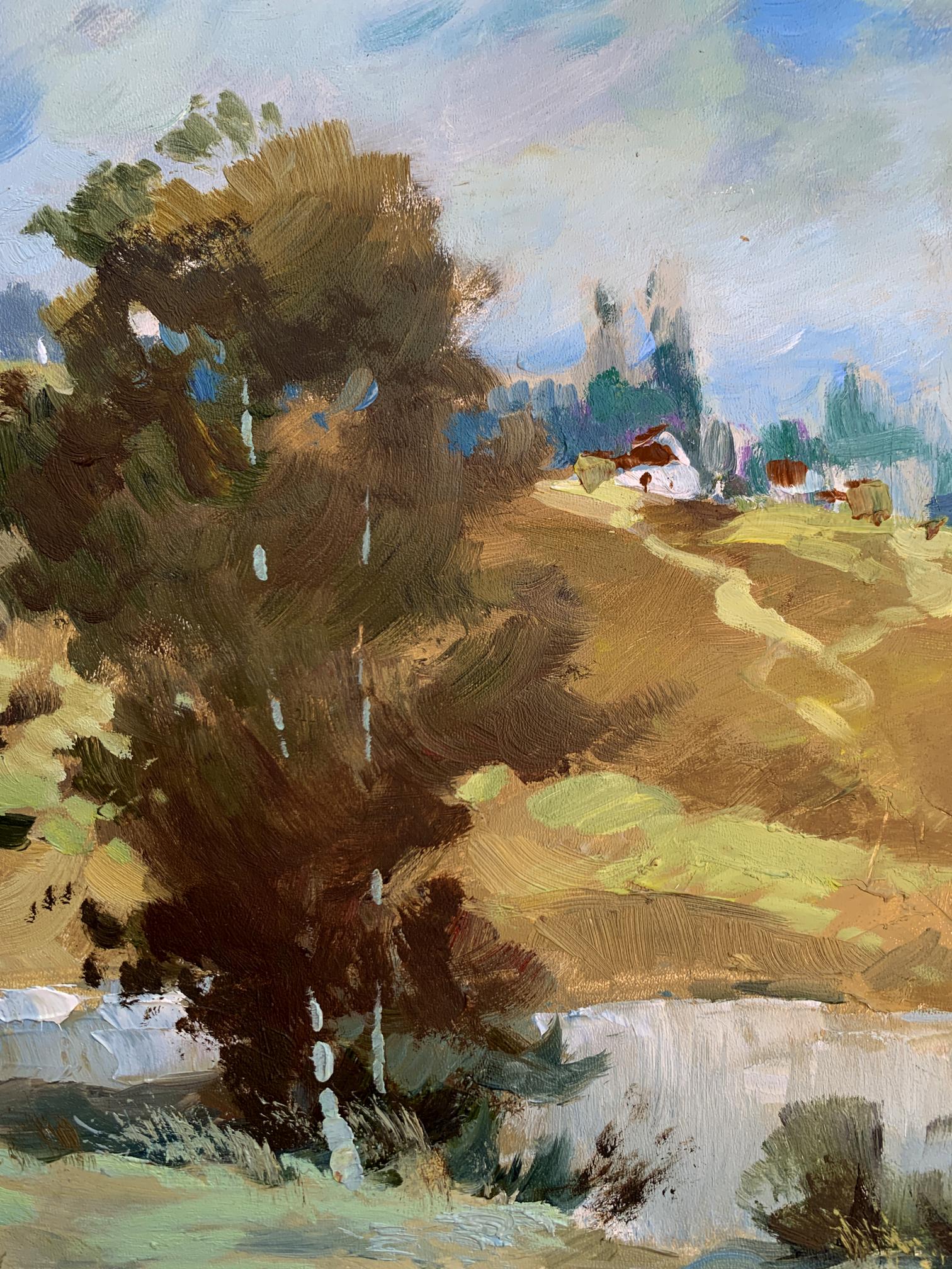 Impressionistic oil painting of village pond tree by Yuriy Suprunchuk