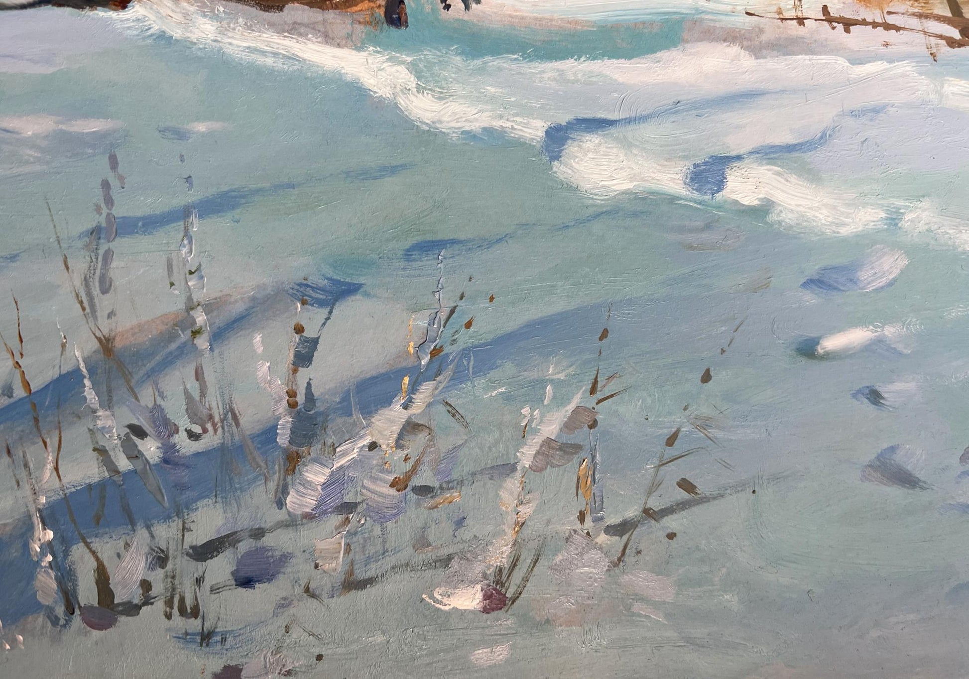 Oil painting Village Winter Tale by Yuriy Suprunchuk with turquoise waves