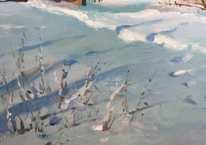 Oil painting Village Winter Tale by Yuriy Suprunchuk with turquoise waves