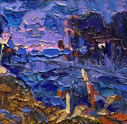 Oil painting Dusk fell on the field by Oleksiy Ivanyuk, textured blues and purples