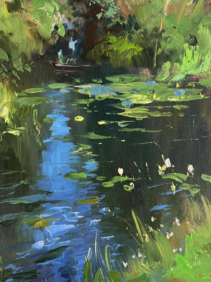 Vibrant green lily pads with white yellow flowers on blue lake, Yuriy Suprunchuk oil painting