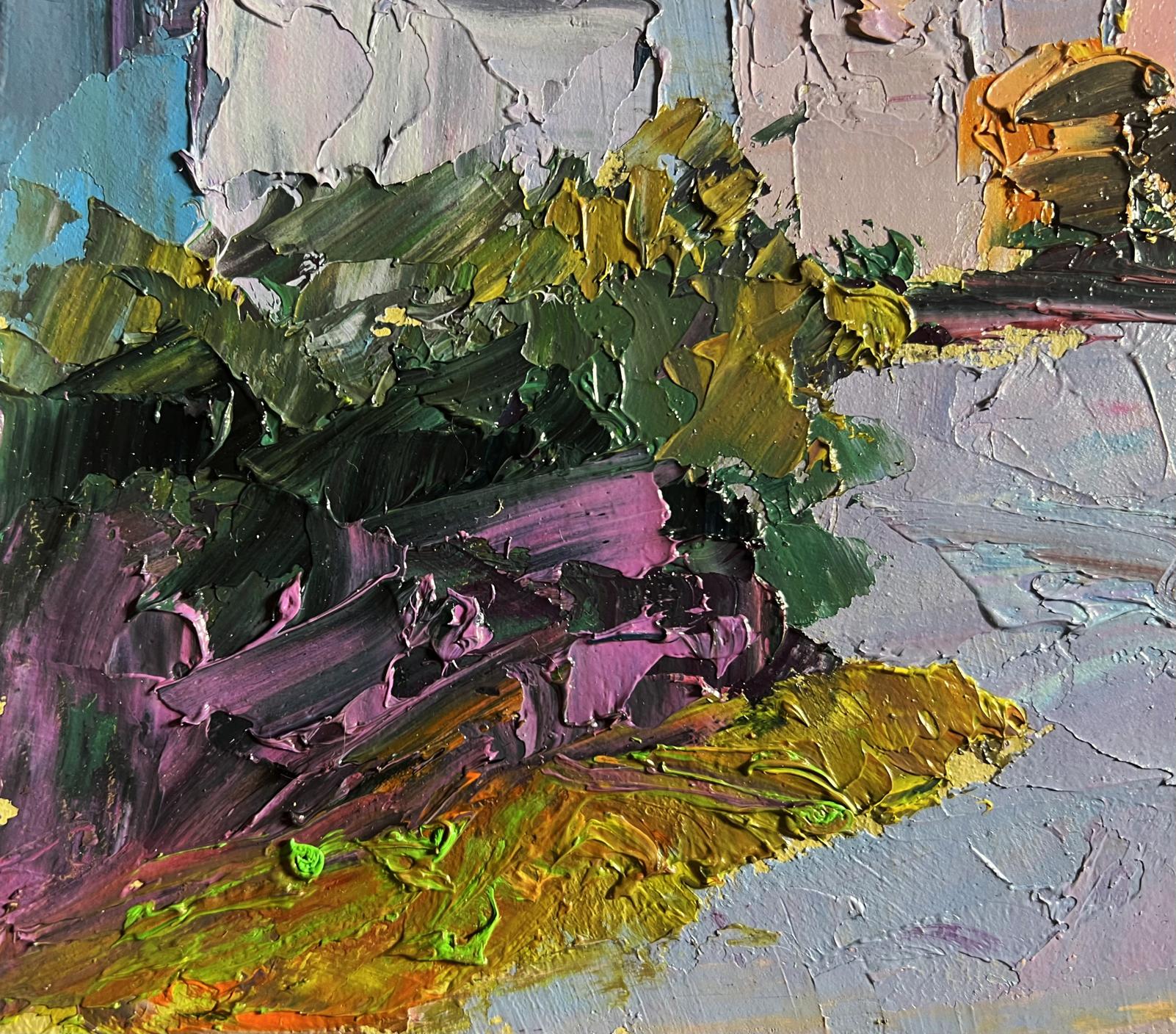 Oil painting Early morning in the city by Boris Serdyuk textured green purple yellow