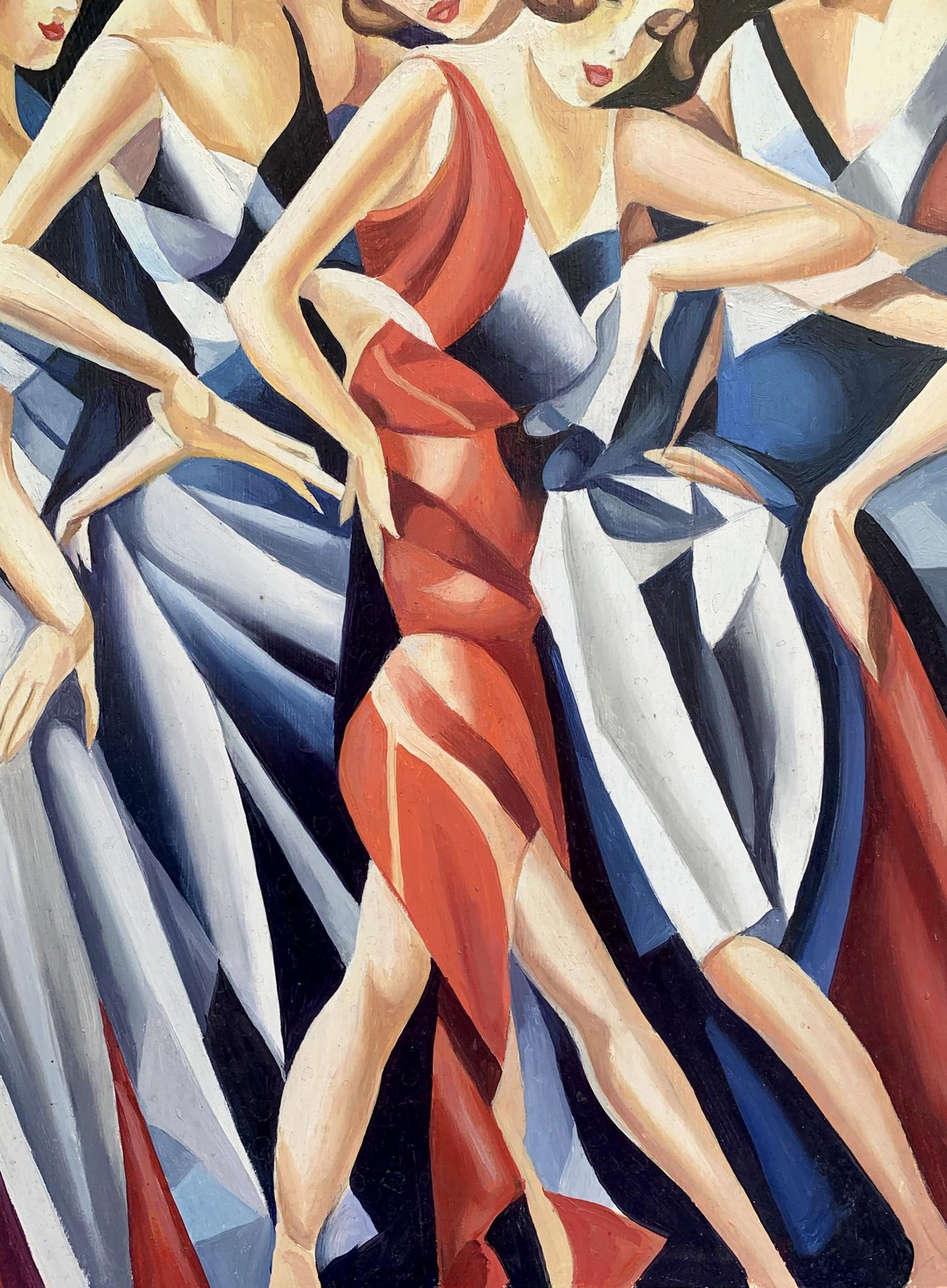 Vibrant abstract oil painting of slender girls in flowing dresses by Victor Konotopsky, inspired by Franz Metzinger