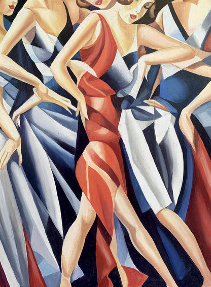 Vibrant abstract oil painting of slender girls in flowing dresses by Victor Konotopsky, inspired by Franz Metzinger
