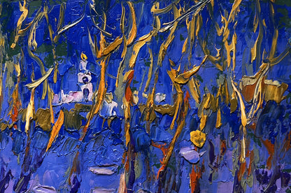 Oil painting Frosty evening in the forest by Oleksiy Ivanyuk with blue and gold hues