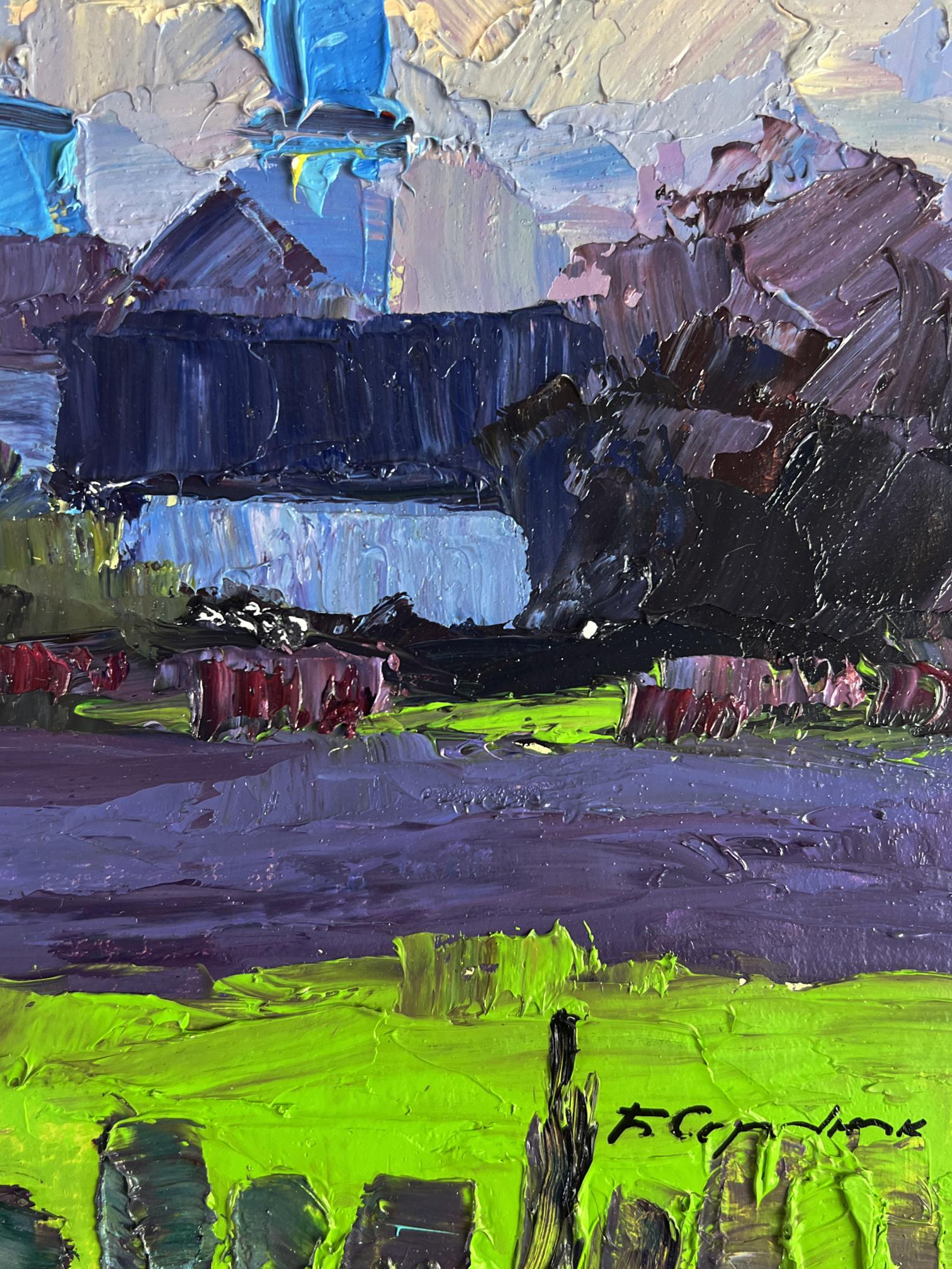Vibrant impressionist oil painting of village with white cat by Boris Serdyuk