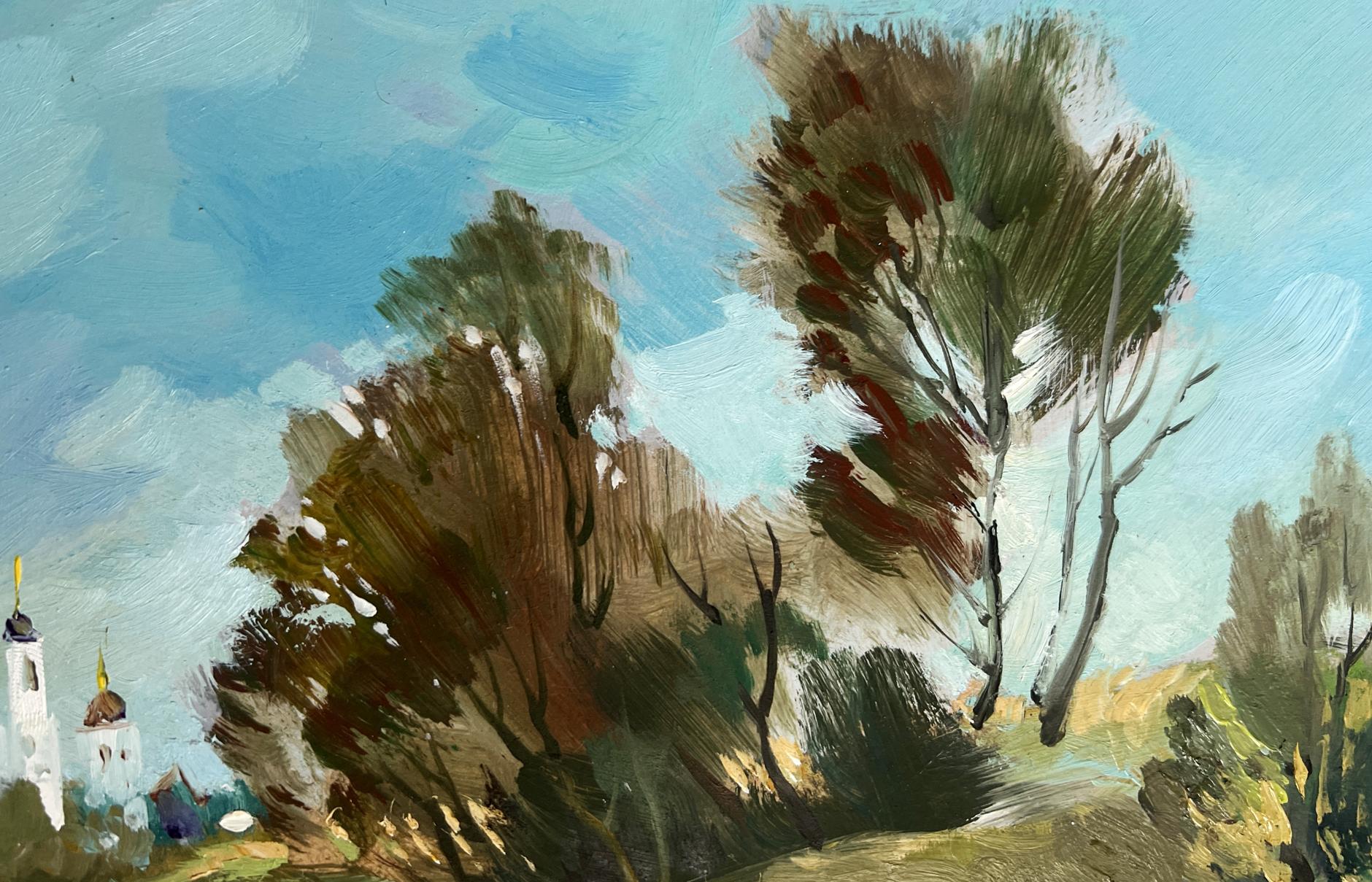 Oil painting by Yuriy Suprunchuk: impressionistic trees, lake behind village