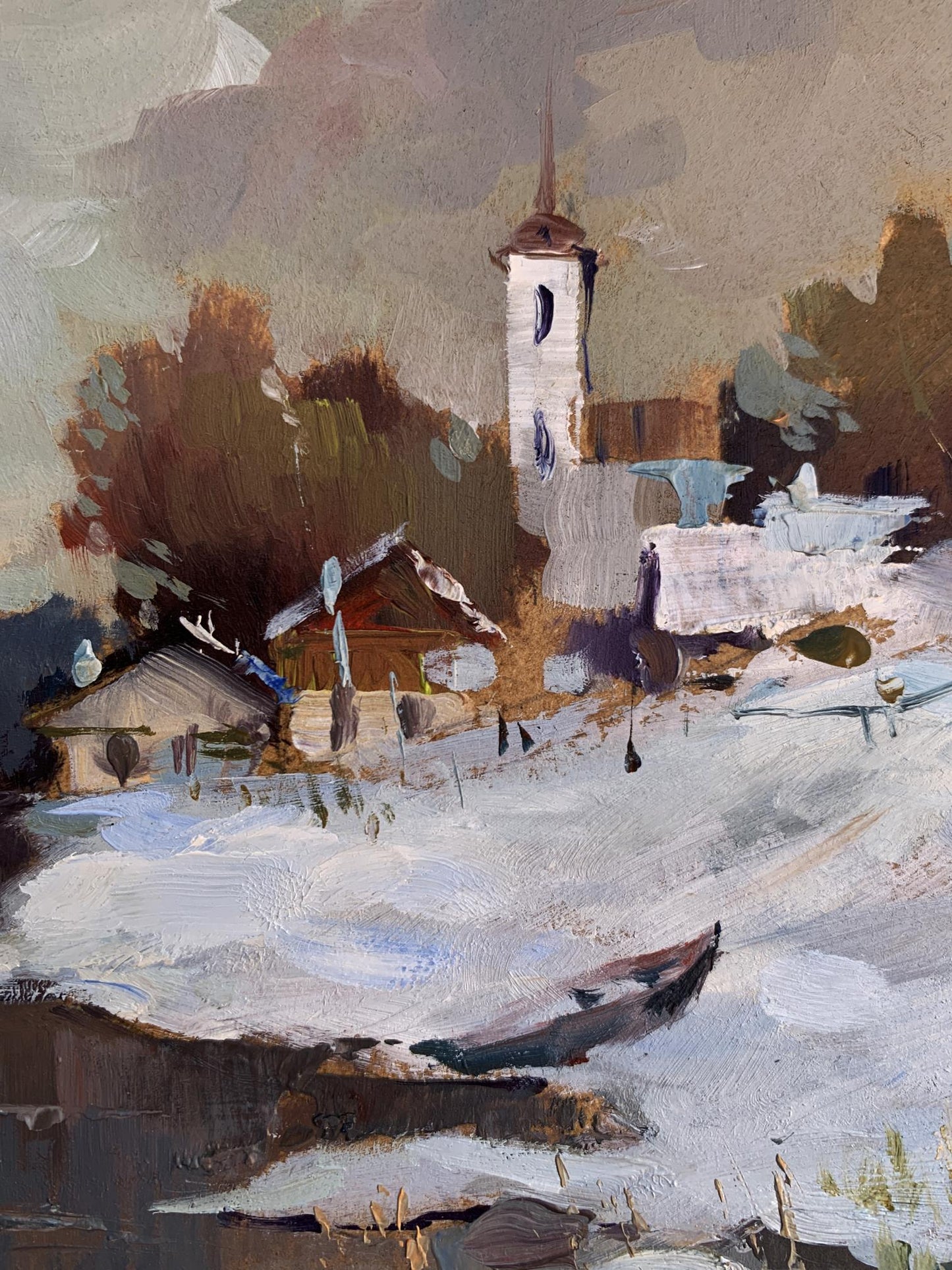Oil painting Winter evening by Yuriy Suprunchuk snowy village scene