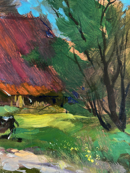 Vibrant impressionist oil painting of road to village cottage by Yuriy Suprunchuk