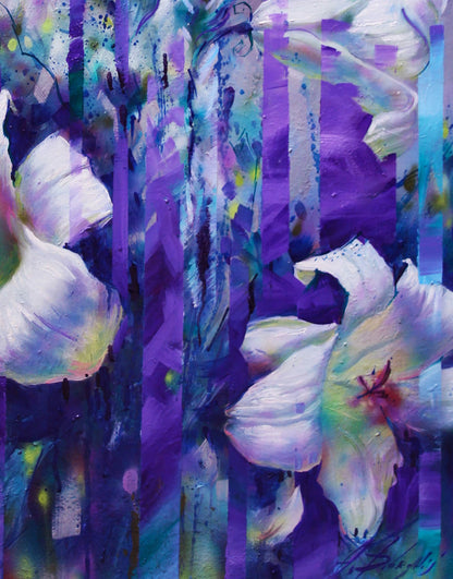 Oil painting White morning by Alexander Dobrodiy with purple teal stripes lilies
