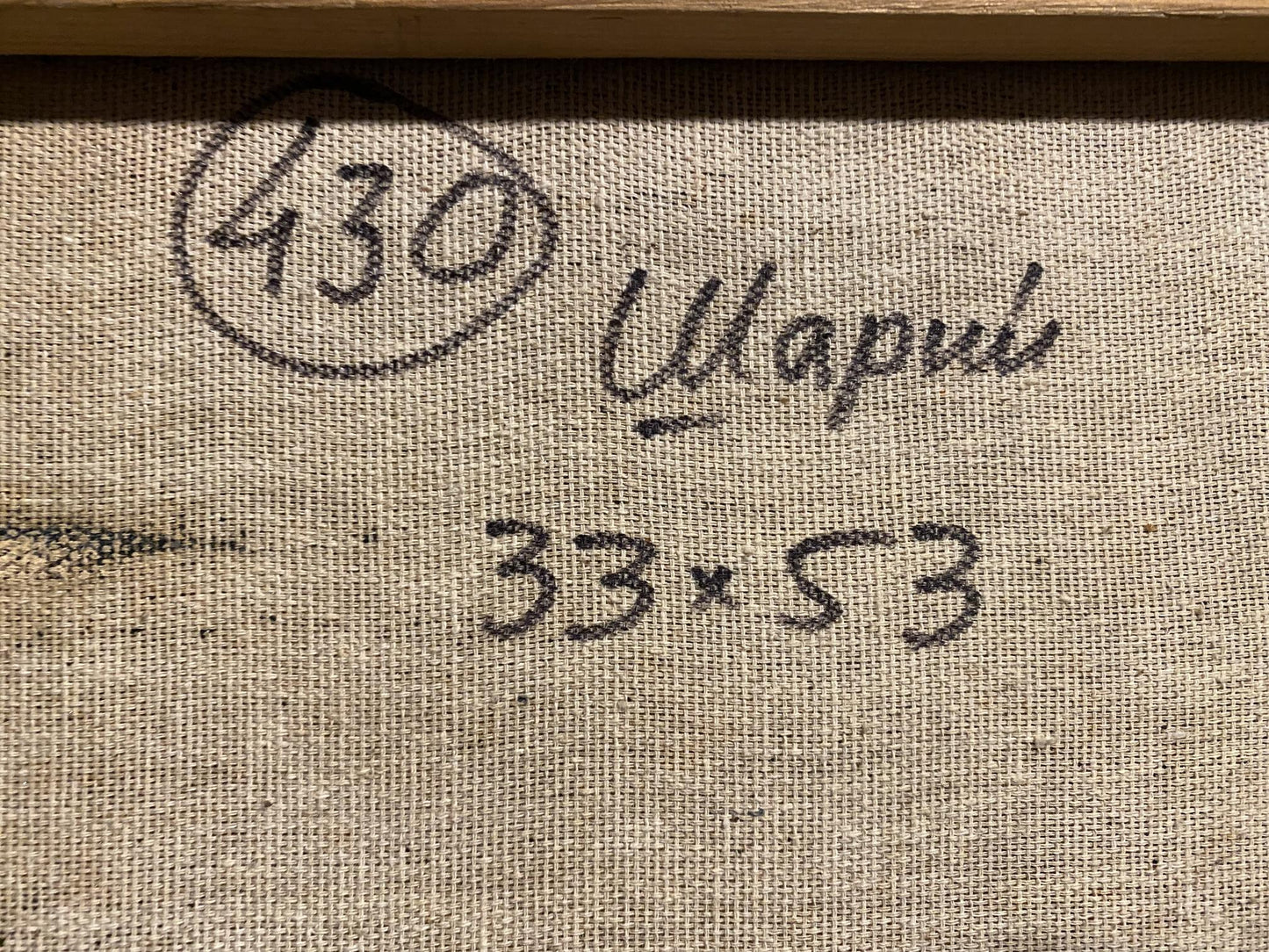 Back of Anatoly Shariy oil painting On the river bank with Cyrillic text and circled 430