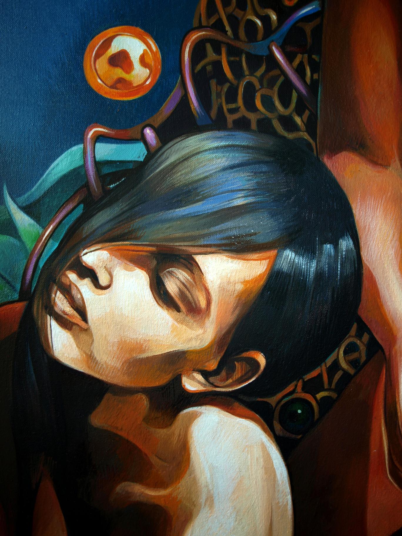 Surreal oil painting Mirror of Consciousness by Konsta G. Amelinn, woman with dark hair