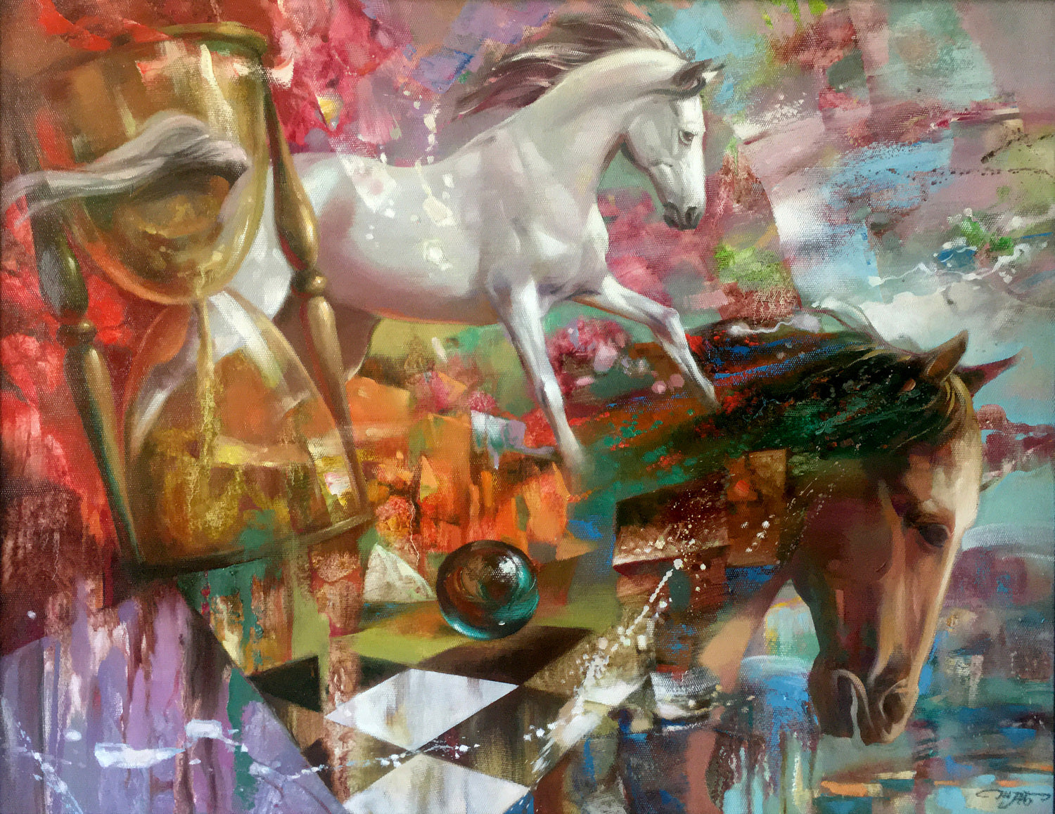 Vibrant stylized custom portrait of white and brown horses with swirling colors, hourglasses