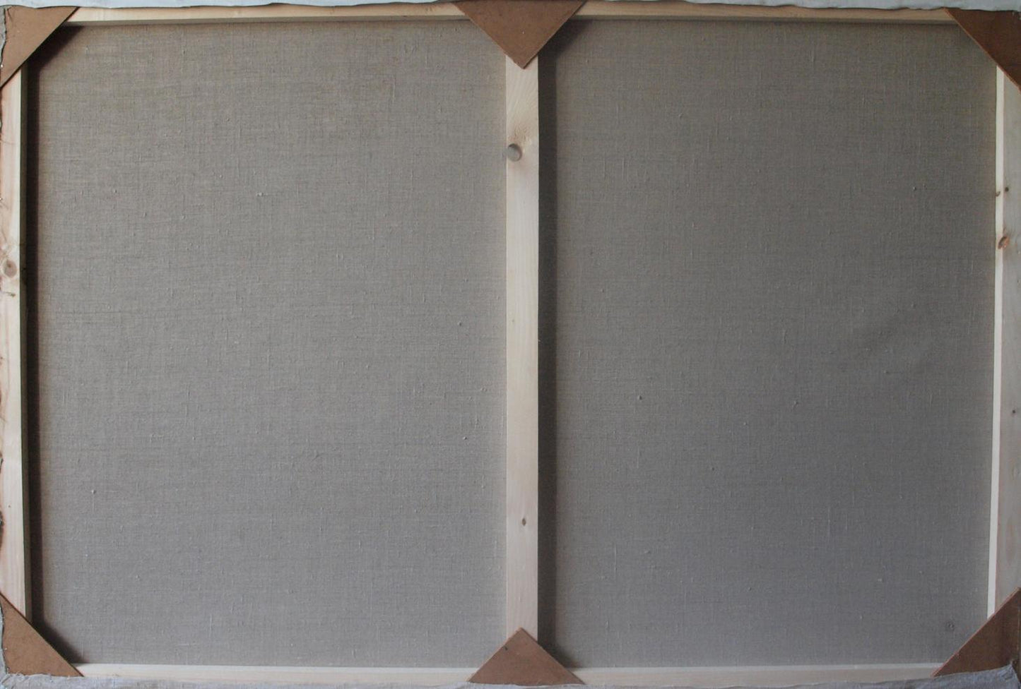Back of Oil painting Bhishma by Konsta G. Amelinn with gray panels and wood frame