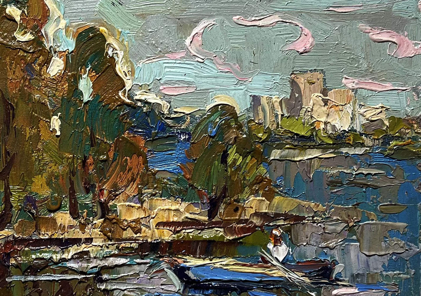 Impasto textured landscape oil painting Outside the city by boat by Oksana Ivanyuk