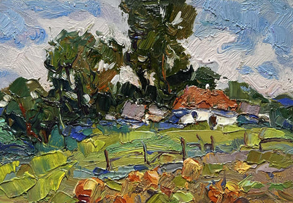 Impasto oil painting by Oksana Ivanyuk of pumpkins in rural garden landscape