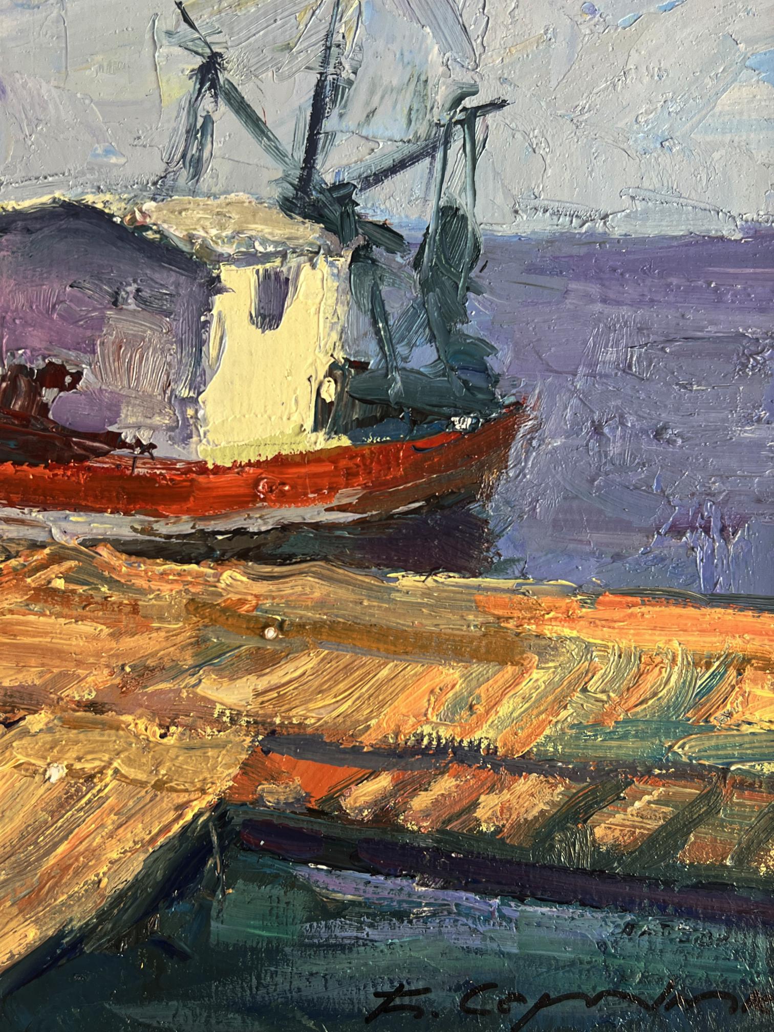 Oil painting Departure by river ferry by Boris Serdyuk, vibrant red boat