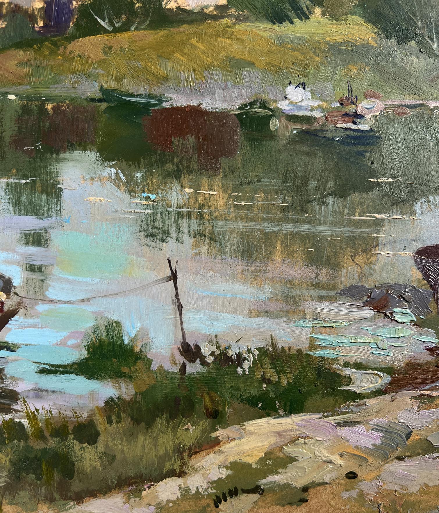 Impressionistic oil painting of last rays over lakeside temple by Yuriy Suprunchuk